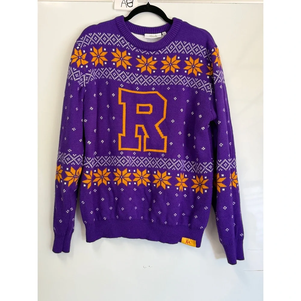Roody Custom Knit Sweater Purple Orange Varsity Letter R Fair Isle Mens XL